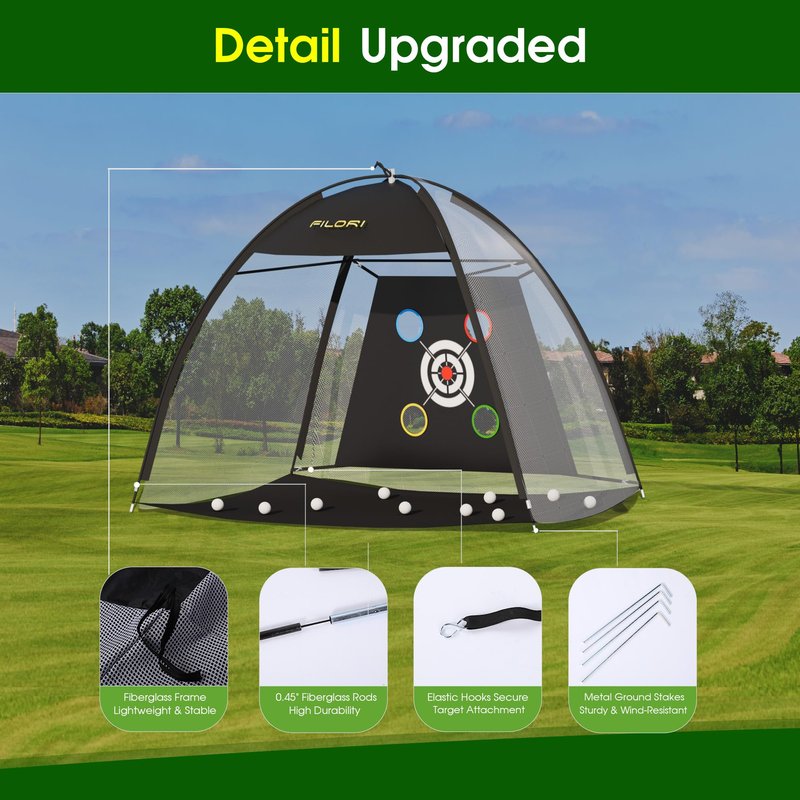 FILORI Golf Practice Net 10x7FT - Golf Hitting Net with Tri-Turf Mat, 8 Balls, Tee & Carry Bag, Indoor/Outdoor Backyard Training for Driving Chipping Swing, Ideal Gifts