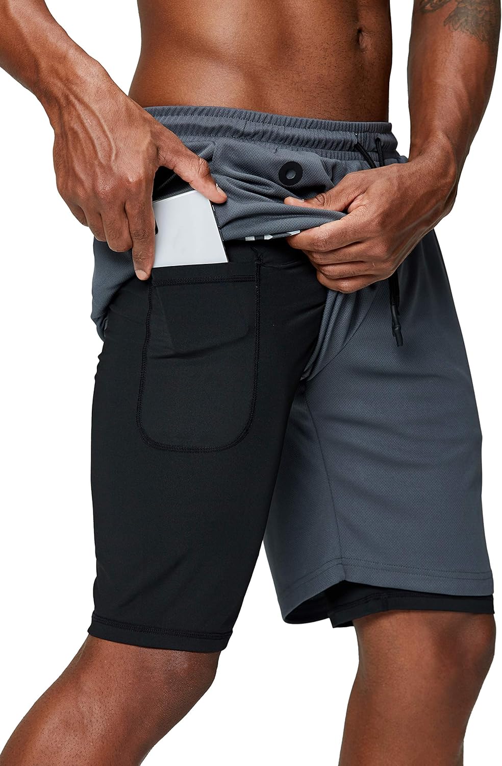 Pinkbomb Men's 2-in-1 Running Shorts - Quick Dry Gym Workout Shorts with Phone Pocket