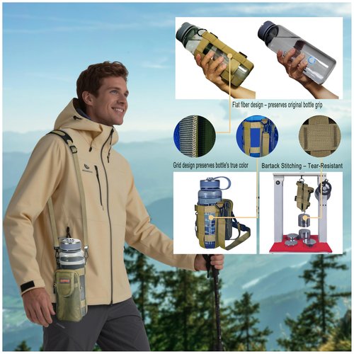 EVOTAUS MOLLE Water Bottle bag - Bottle Holder Carrier Sling with Strap for Walking - Manual Strap Adjustment for Precise Fit of Most 18-64 oz Bottles (Check Size Fit Guide), Khaki