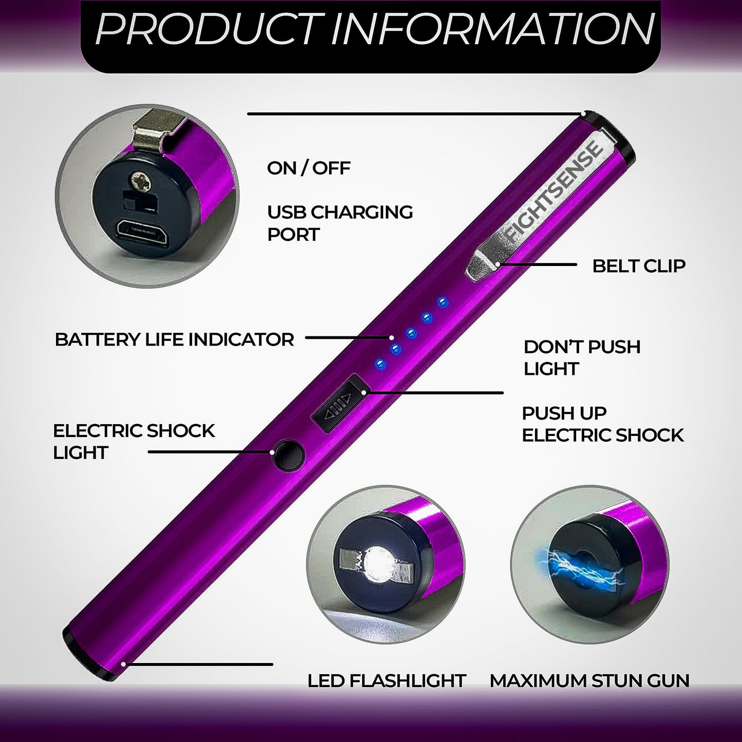 FIGHTSENSE Pen Stun Gun for Self Defense Battery Life Indicator, Belt Clip, Pen Flashlight stun Gun for Women self Defense (Purple)