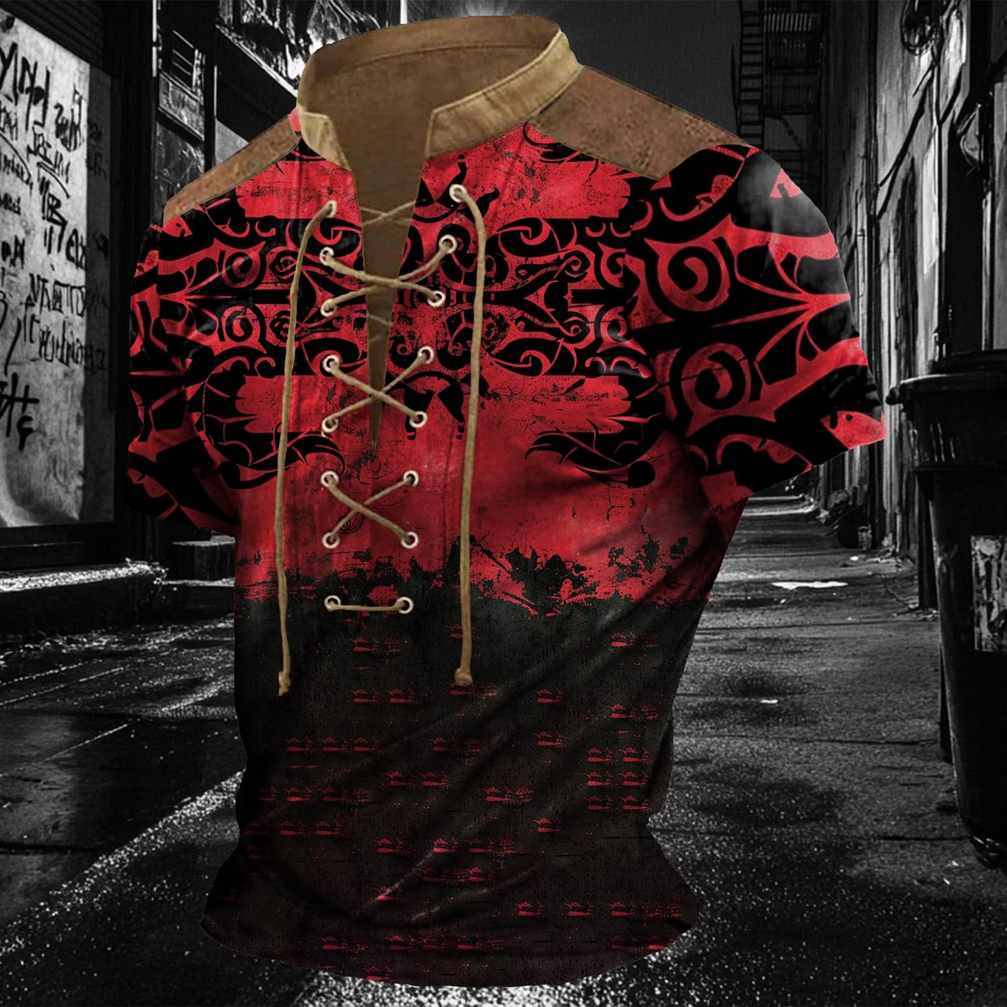 Tactical Polo Shirts for Men Totem Print Short Sleeve Lace Up Cotton Crewneck Stylish Pullover 2025 Summer Big and Tall Distressed Tshirts Slim Cool Breathable Lightweight Outdoor Running Shirt,3XL