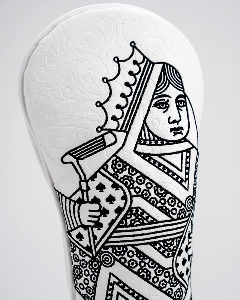 Pins & Aces Royal Flush Fairway Head Cover - Premium, Hand-Made Leather Headcover - Ace of Spades & Magnetic Closure, Tour Quality Golf Club Cover - Style and Customize Your Golf Bag (Whiteout)