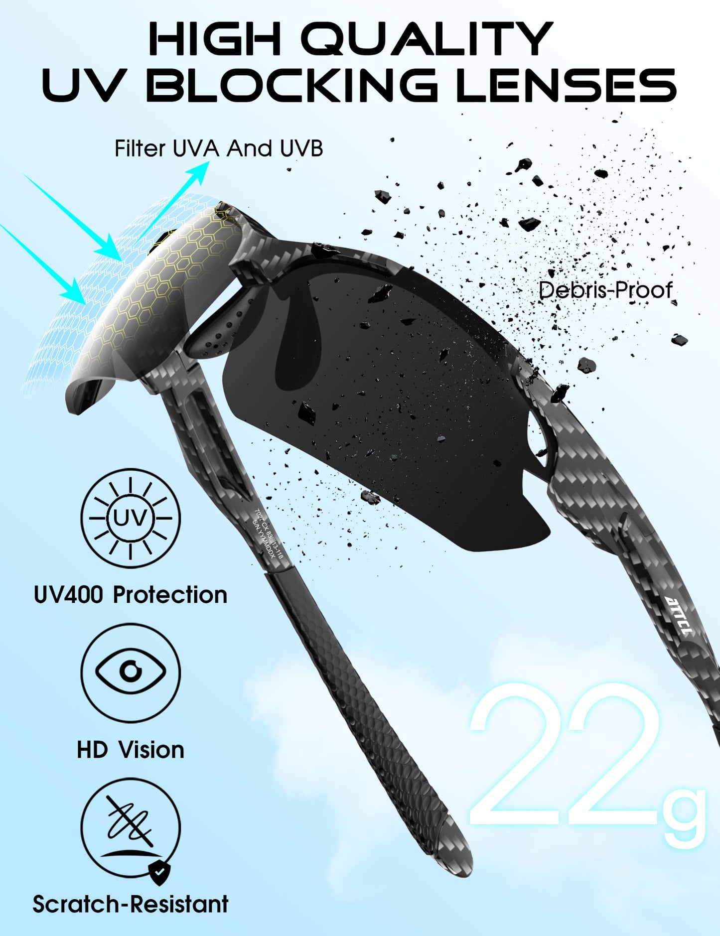 ATTCL 22g Polarized Sunglasses Men Sports: Secure Fit Wrap Around TR90 Frame Ultra-Light UV Protection for Running Fishing