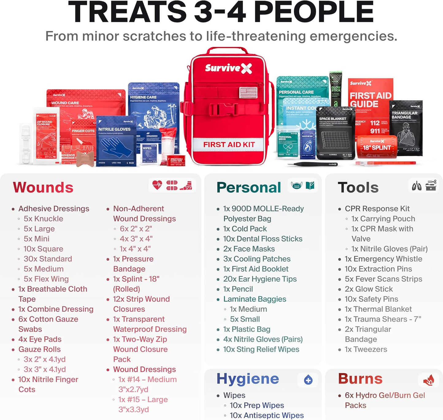 SurviveX Large First Aid Kit - Essential Emergency Kit for Car, Travel, Hiking & Camping - Includes Zip Stitch Wound Closure Strips
