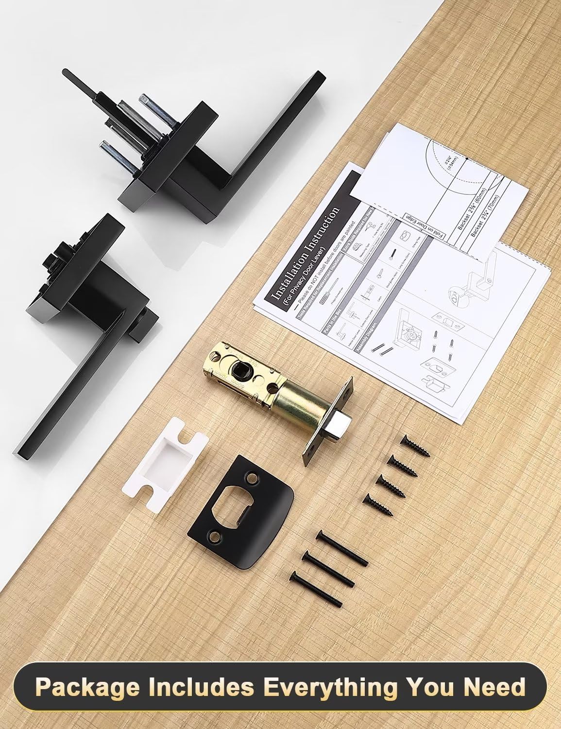 Tinewa 5 Pack Square Privacy Door Levers Locksets in Matte Black Finish, Bed/Bath Door Levers Keyless Interior Handles,Reversible for Left Right Handed Doors