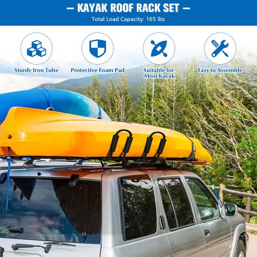 GYMAX 2Pairs Universal Kayak Roof Rack, J-Bar Roof Top Carrier with Straps, Foam Pad & Buckles, Mount Crossbar on SUV Van Car for SUP, Boat, Kayak, Canoes, Ski Board