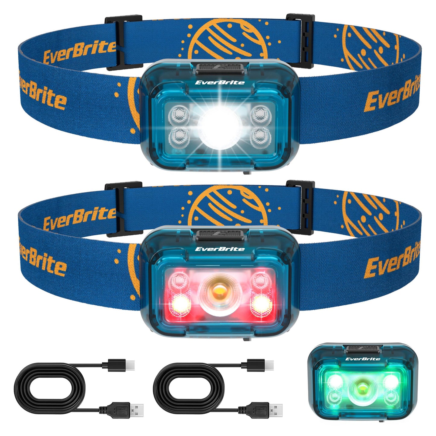 EverBrite Rechargeable Headlamp, 2 Pack Kids Headlamp with White/Red/Green Light and Memory Function, Head Lamp for Adult and Kid with 5 Modes, 120° Adjustable LED Headlamp for Camping, Running-Blue