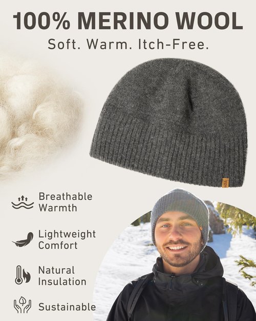 PolarWool DryKnit Waterproof 100% Merino Wool Winter Hat Men Women Polartec Fleece Lined Thermal Knit Watch Cap Fisherman Beanie Outdoor Ski Hiking Cold Weather Black XL/XXL Oversized for Large Heads