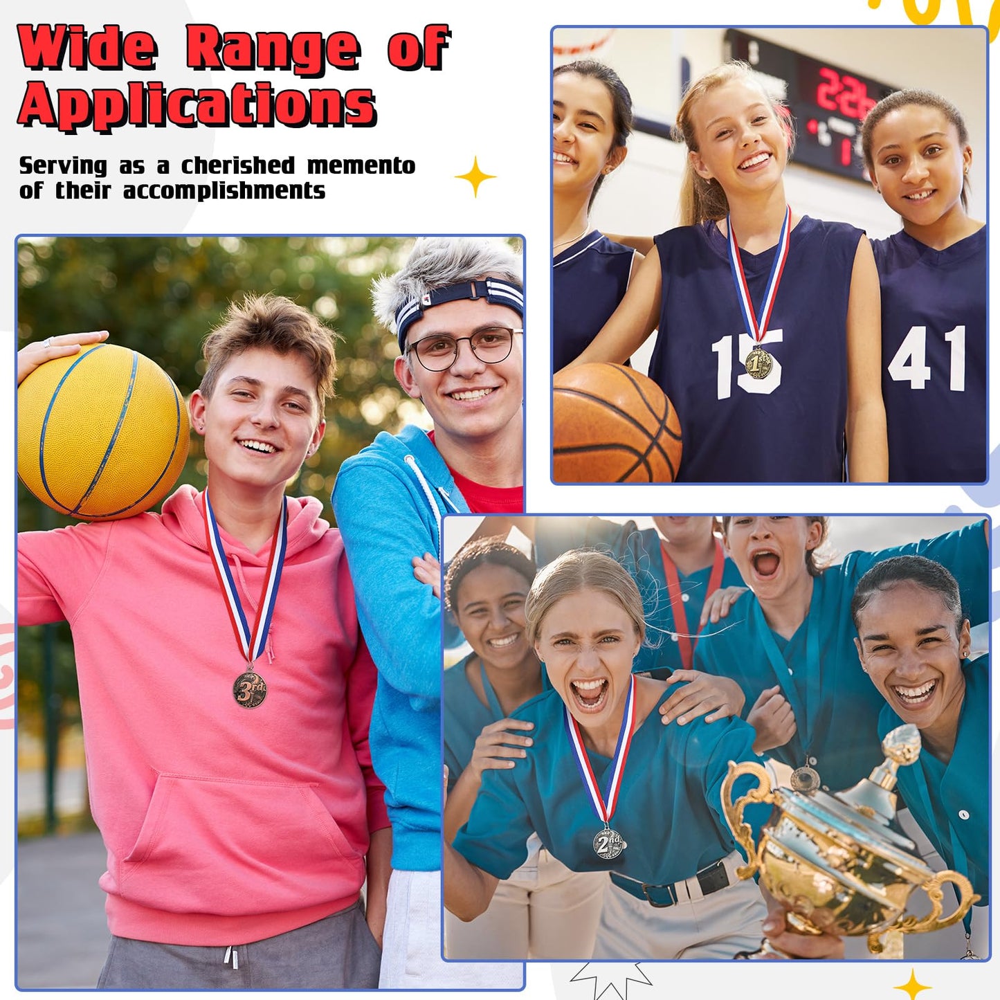RoundFunny 24 Pcs Award Medals 1st 2nd 3rd Place Medals for Awards Winner Medal Gold Silver Bronze Medal with Neck Ribbon Trophy Award for Sports Competitions Party 2 Inches (Torch Style)