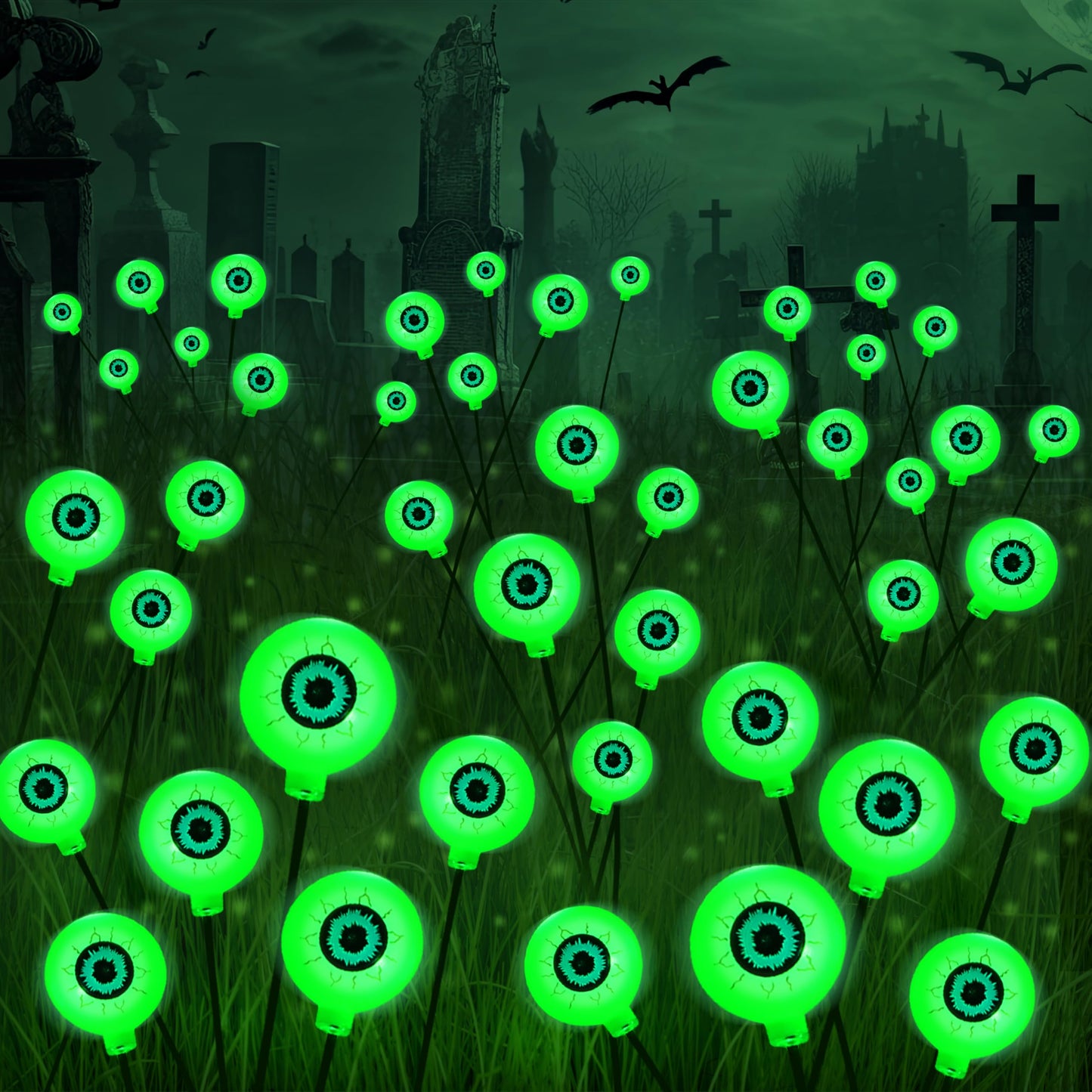 JOYIN Halloween Decorations Outdoor Solar Scary Eyeball Lights, 2 Pcs 12 LEDs Green Pathway Yard Stakes, Waterproof Firefly Lights for Halloween Graveyard Yard Garden Patio Walkway Party