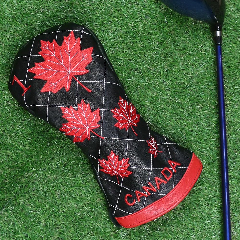 PINMEI Golf Club Head Cover for Driver Headcovers Canada Flag Driver Head Covers Golf Club Covers for Wood Headcover for Scotty Cameron Taylormade Titleist Odyssey (Black)