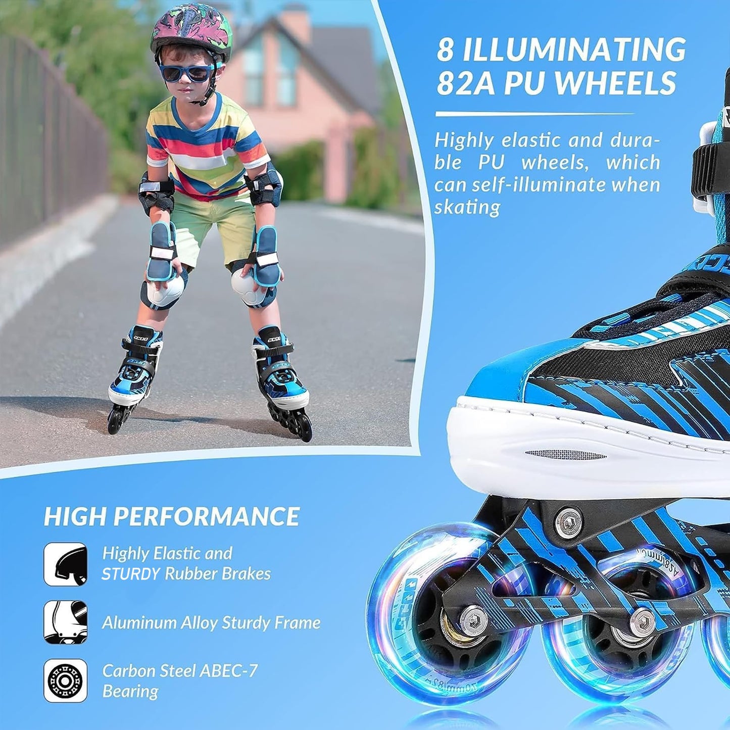 ECOO Adjustable Inline Skates Boys and Girls with Light up Wheels，Roller Skates for Kids Ages 4-12, Teen Skates for Beginner Outdoor and Indoor (Blue, Medium-Big Kids（13j-3 US）)