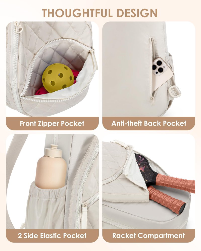 Prokva Pickleball Bag for Women - Quilted Crossbody Pickleball Paddle Bag Holds 4 Paddles, Lightweight Sports Gear & Travel Paddle Case, Beige