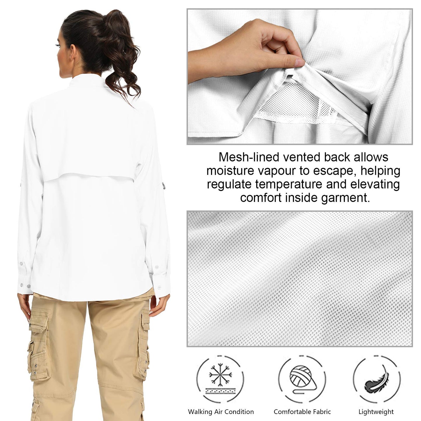 Jessie Kidden Womens Safari Shirts Sun Protection Sun Clothes for Women Outdoor Quick Dry Fishing Hiking Gardening Shirts (5055 White M)