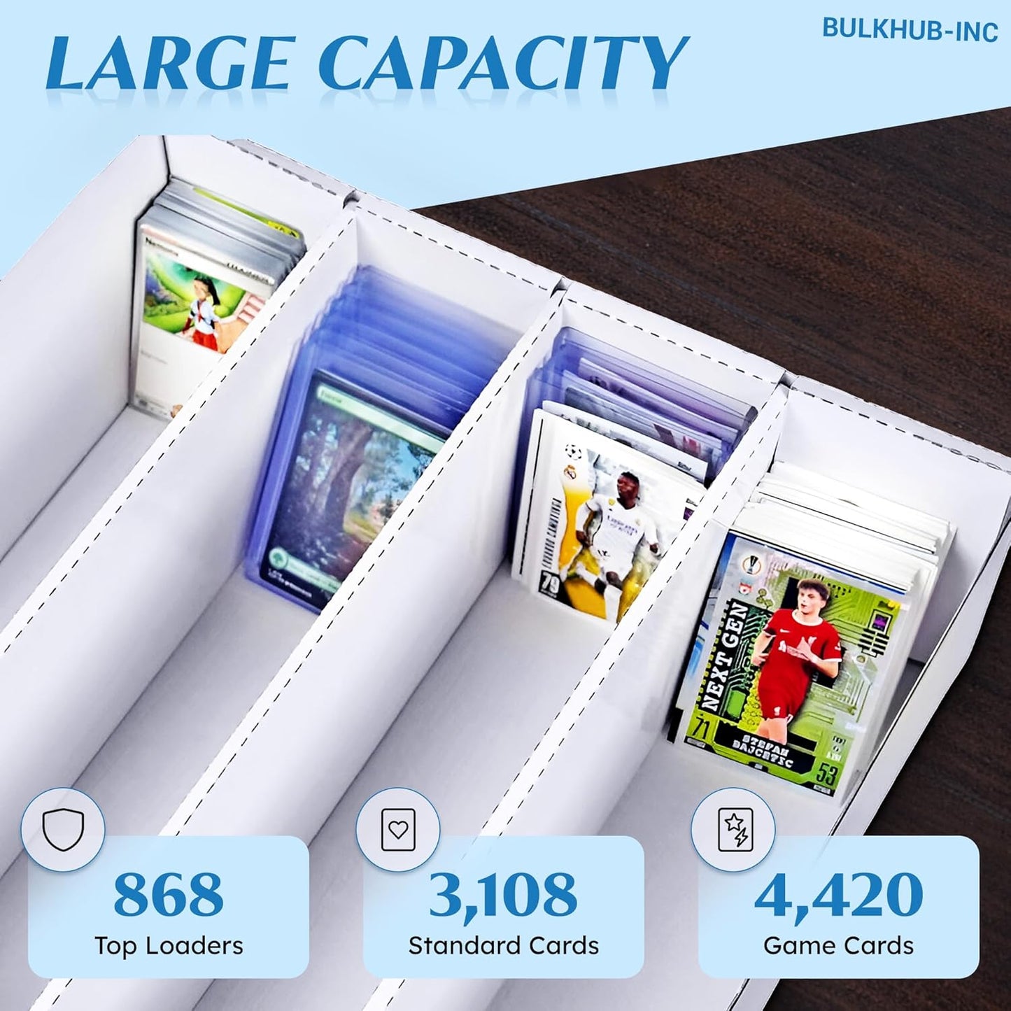Trading Card Storage Box 3200 Count - Cardboard Organizer for Sports & TCG Cards | White with Dividers