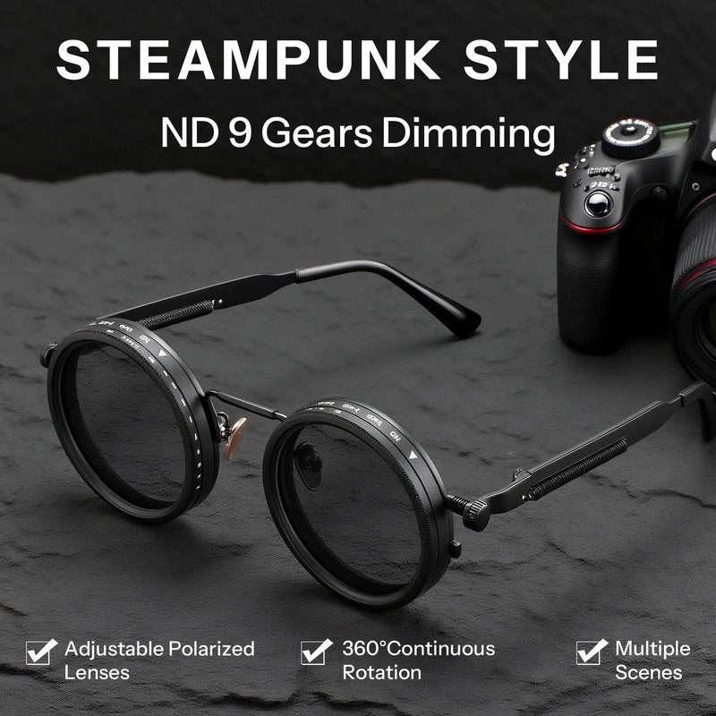 FEISEDY Adjustable Tint Sunglasses Polarized Men, 1-9 Gear Manual Dimming, Steampunk Round Metal Frame UV400 ND Filter B1400