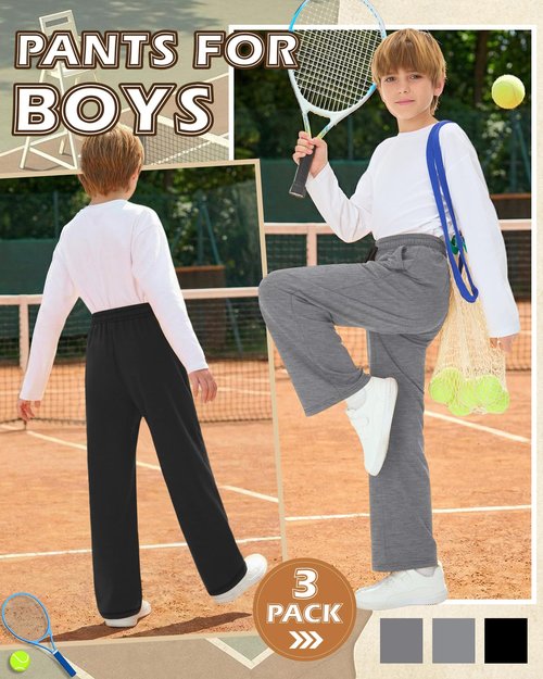 LessonZoo 3 Pcs Boys Sweatpants Wide Leg Open Bottom Drawstring Elastic High Waist Joggers Baggy Athletic Pants with Pockets(Black, Light Mixed Gray, Gray,13-14 Years)