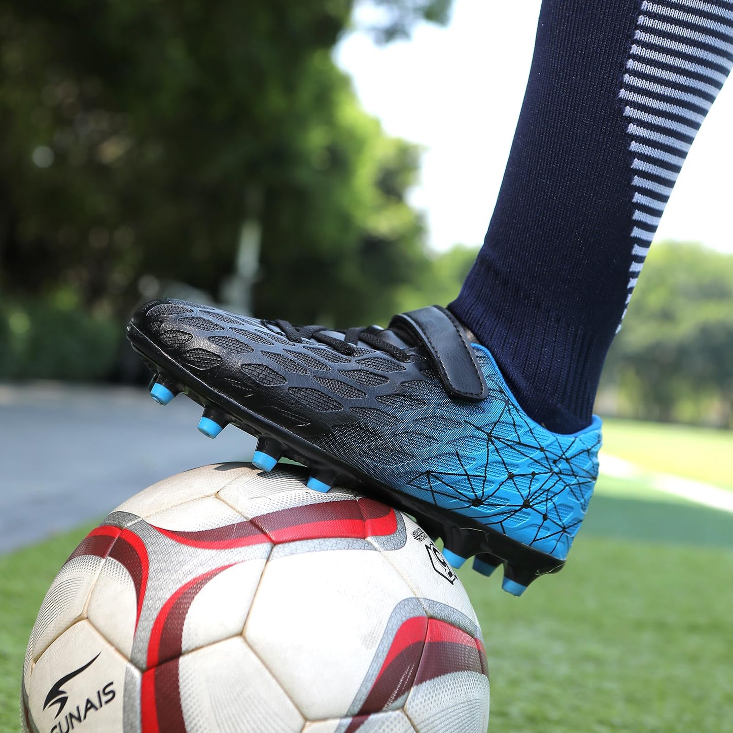 Skerxut Soccer Cleats, Kids Firm Ground Football Shoes, Boys Girls Athletic Outdoor (Black/Blue, Little Kid, 13, Numeric, US Footwear Size System, Medium)