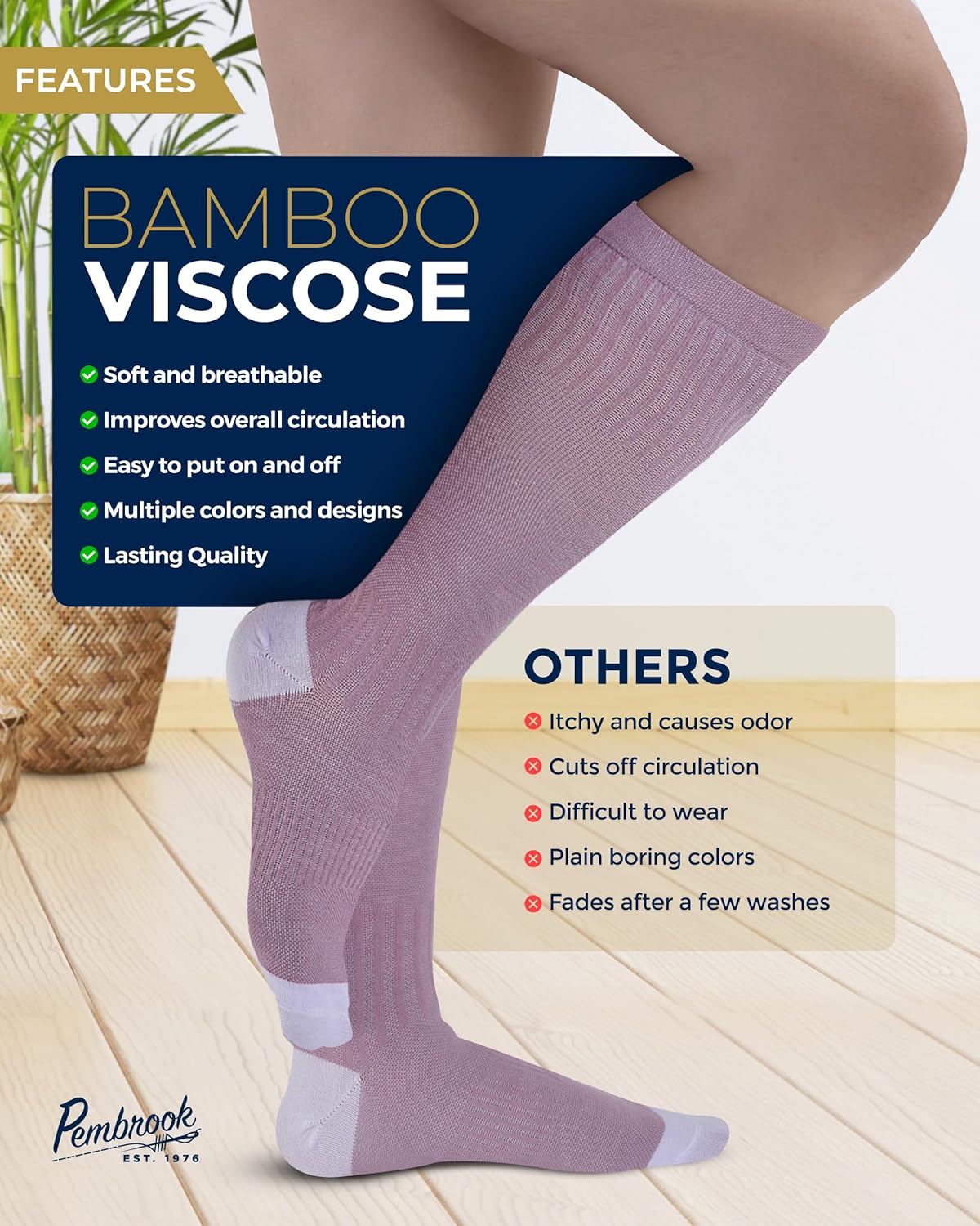 Pembrook Bamboo Viscose Compression Socks - 8-15 mmHg Light Support | 3 Pairs of Knee High Comfort