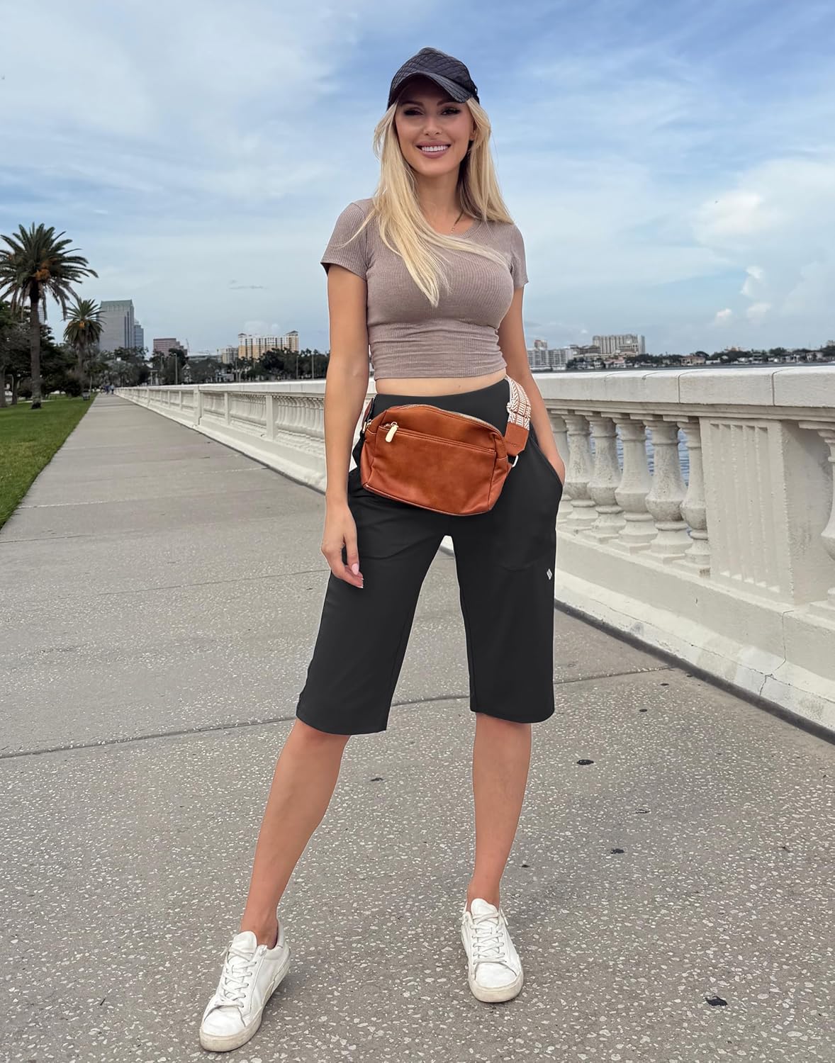SANTINY 14" Knee-Length Women's Shorts - High-Waisted, Stretchy Bermuda Style with Pockets for Summer Casual Wear