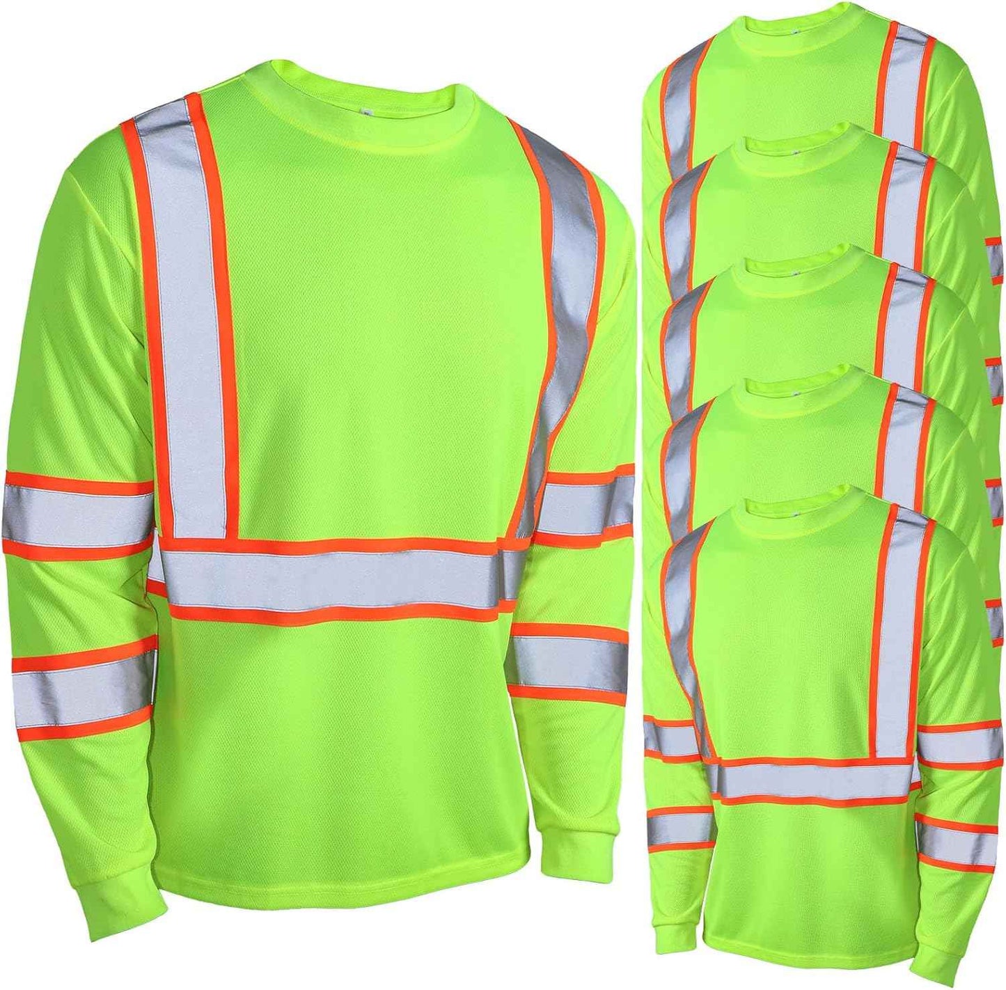 High Visibility Class 3 Safety T-Shirt - 6 Pack Long Sleeve Reflective Work Shirts for Construction & Surveying