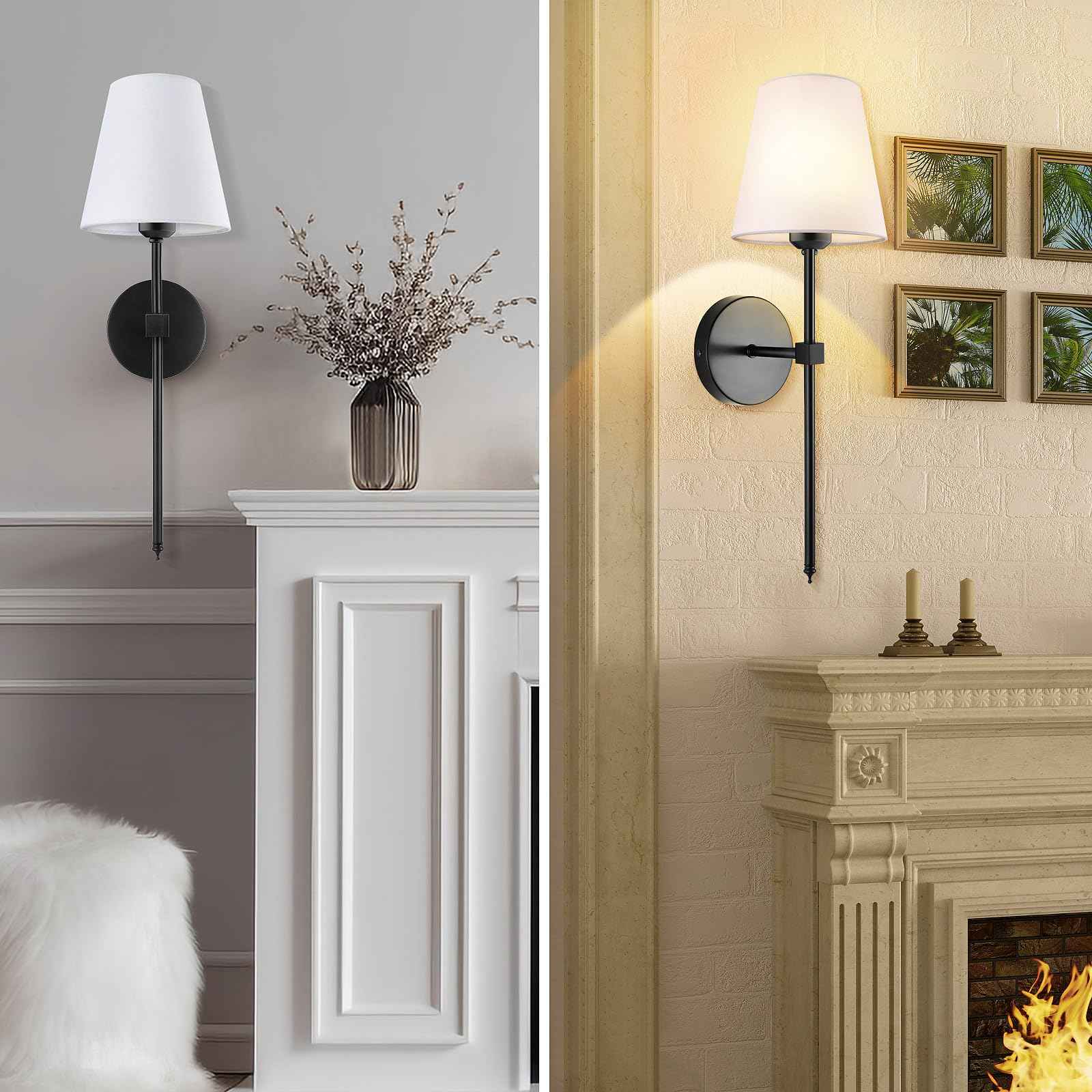 Wall Sconces Sets of 2, Retro Industrial Wall Lamps, Vanity Sconces Wall Lighting with White Fabric Shades, Wall Lights Suitable for Bathroom Bedroom Living Room Kitchen(Black)