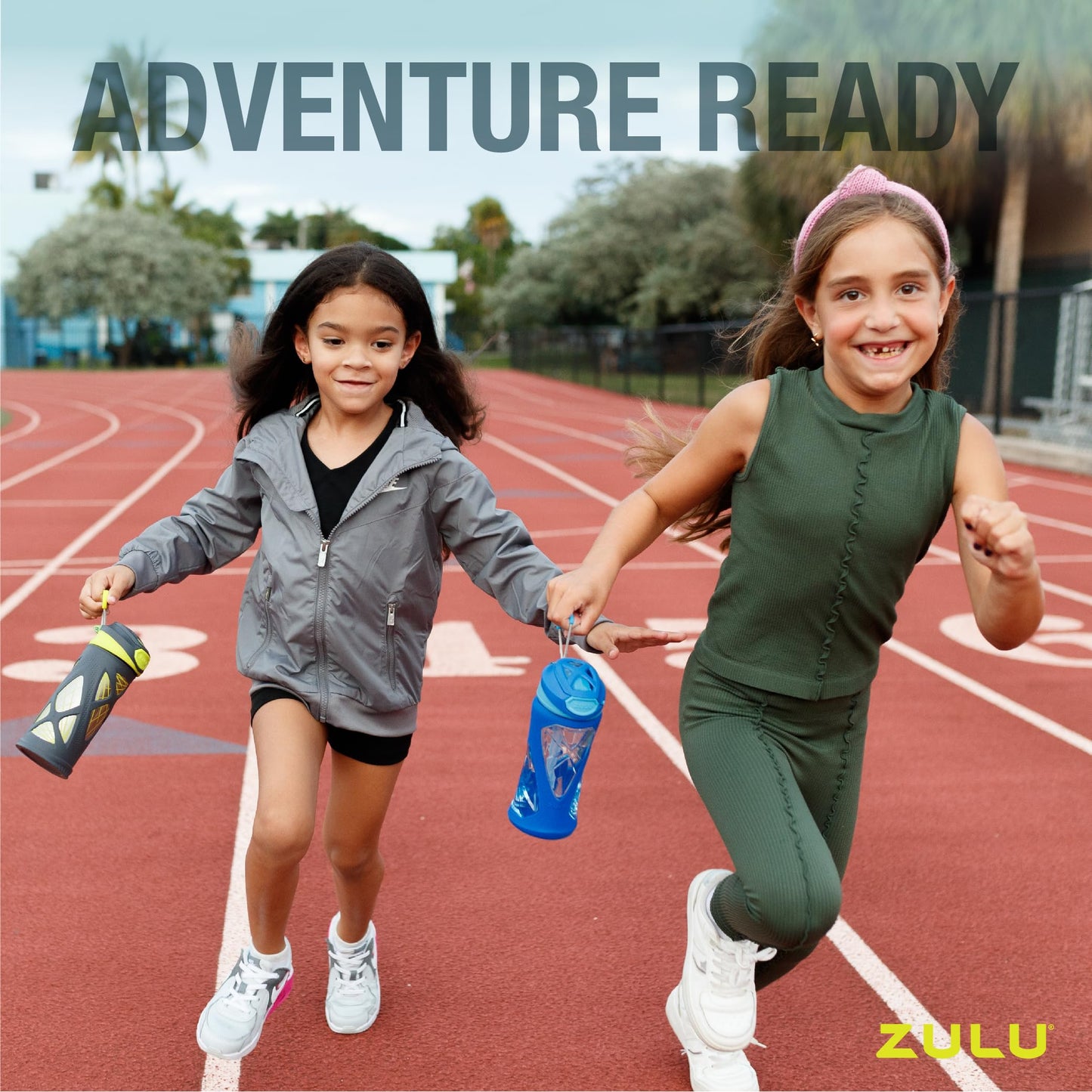 ZULU Torque 2 Pack 16oz Plastic Kids Water Bottle with Silicone Sleeve and Leak-Proof Locking Flip Lid, Soft Touch Carry Loop for School Backpack, Lunchbox, BPA-Free Dishwasher Safe, Grey/Green