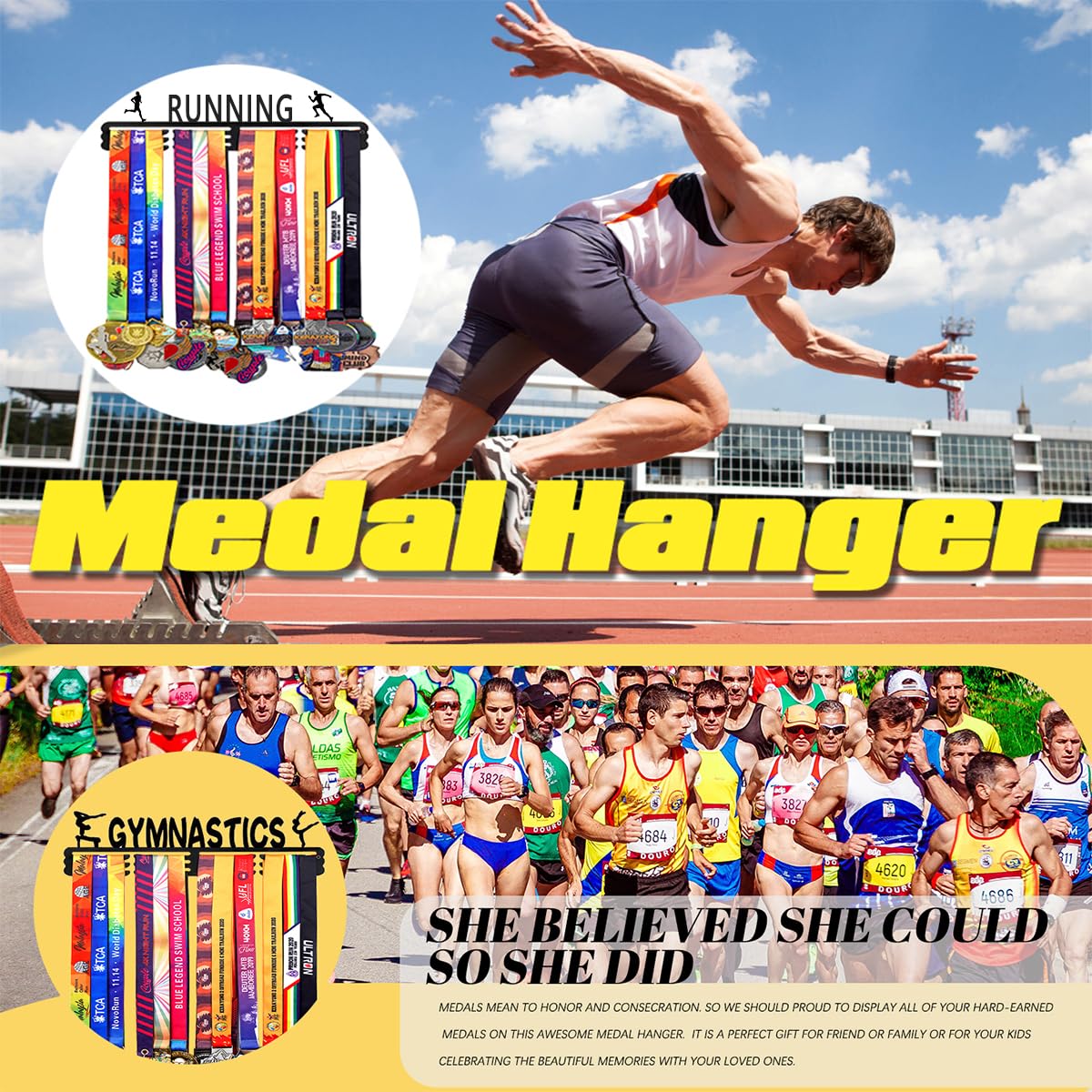 Goutoports Personalized Medal Holder with Name Display Rack for Awards Ribbons - Metal Custom Sports Race Plaques Hanger for Wall Mount Hold Up 60 Medal Hanger Display for Athlete Boy Girl Kid