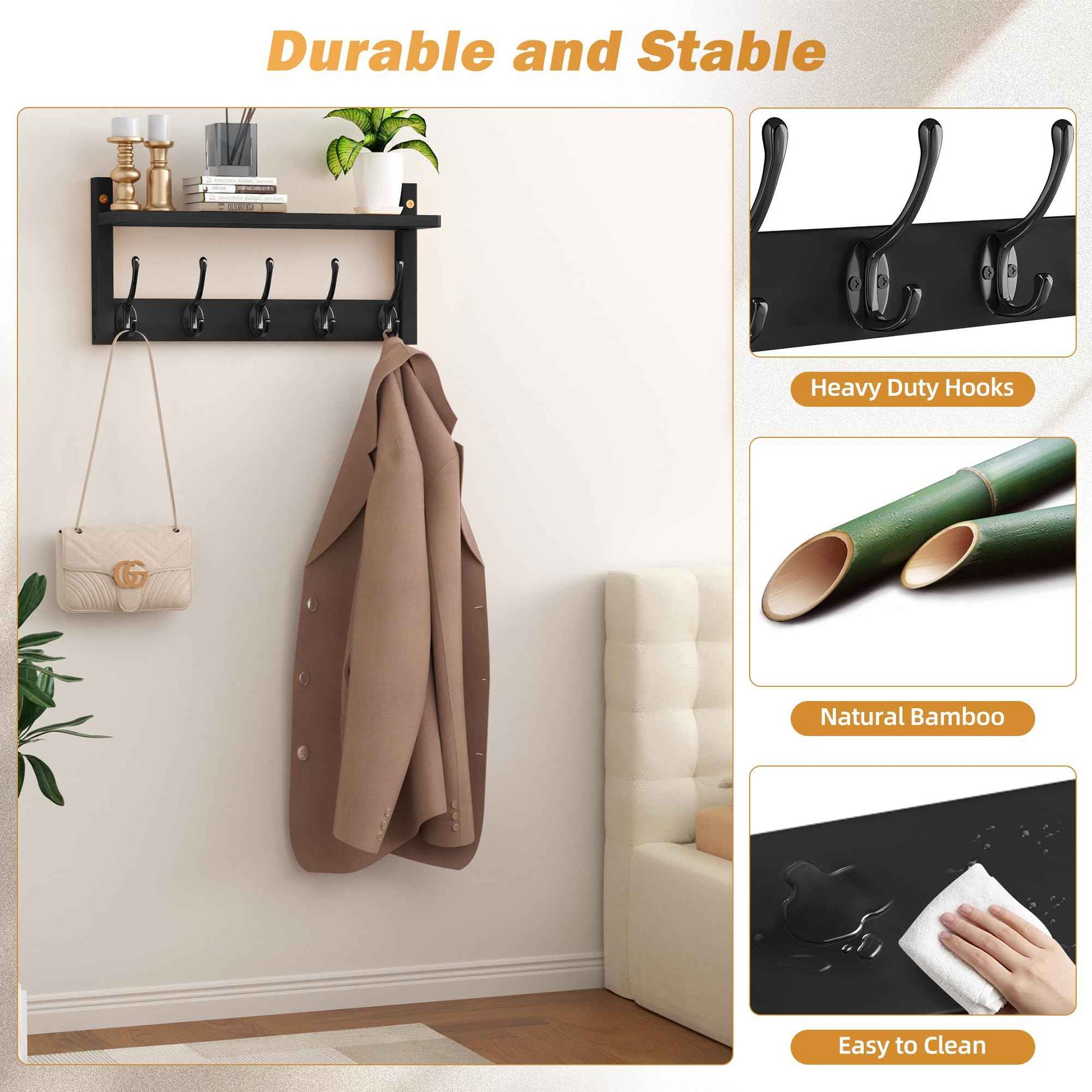 VASMIA Coat Rack Wall Mount with Shelf,Bamboo Wall Shelf with Hooks,Coat Hangers for Entryway,Bathroom, Living Room, Bedroom, Black