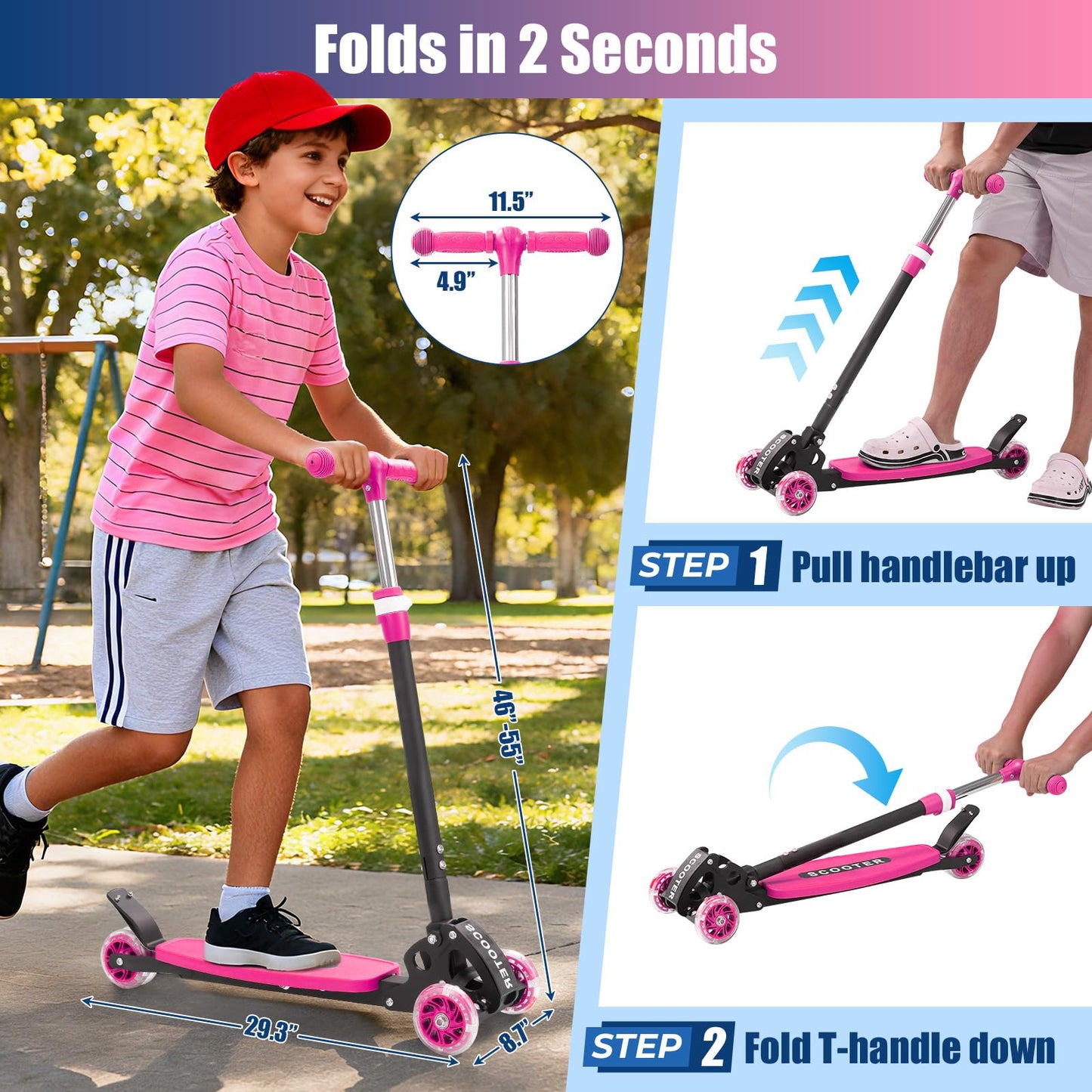 Scooter, Heavy-Duty 3-Wheel Scooter, 3-Speed Height Adjustable, LED Light-Up Wheels, Foldable - Kids Kick Scooter for 6-12 Year Old Boys Girls, 180 lbs Capacity for Birthday Christmas, Pink