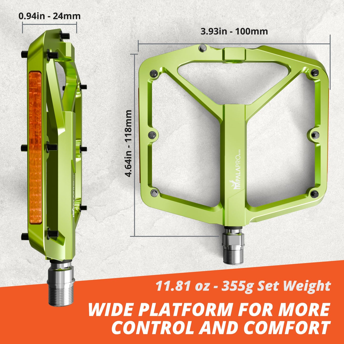 IMPALAPRO Flat Bike Pedals with Reflectors CNC Aluminium 9/16” – MTB Pedals with Extra Wide Platform and Removable Anti-Slip Pins – Lightweight Pedals for Mountain Bike & Road Bike 355 g (Lime)