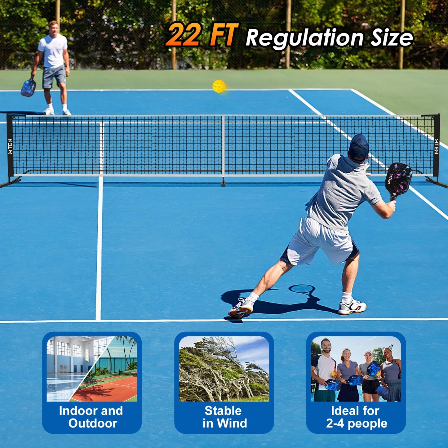 MTEN Pickleball Net, Portable Pickleball Net for Driveway, 22 FT USAPA Regulation Size, Steady Metal Frame, with Carrying Bag for Backyards, Driveways, Outdoor Indoor