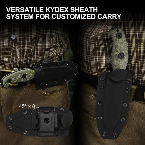 Kizer Sheepdog Survival Fixed Blade Knife, 5.28" 1095 Thick Blade, Green Micarta Handle, Fixed Blade Hunting Knife with Kydex Sheath, Camping Fixed Blade Knives with Hammer Pommel, 1105A4