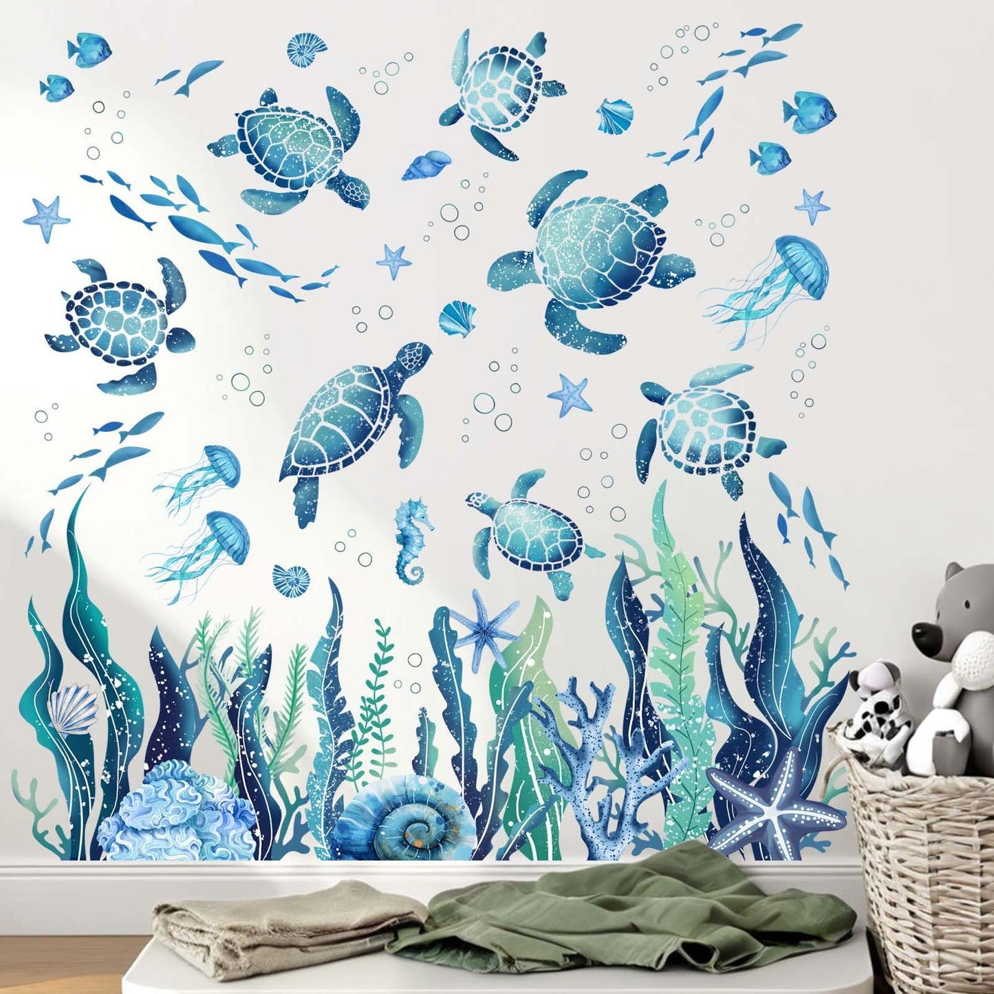 Amimagen Ocean Sea Turtle Wall Stickers - Under The Sea Marine Theme Seaweed Grass Wall Decals - Baby Nursery Kids Bedroom Daycare Bathroom Wall Decor Stickers