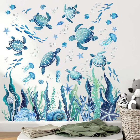 Amimagen Ocean Sea Turtle Wall Stickers - Under The Sea Marine Theme Seaweed Grass Wall Decals - Baby Nursery Kids Bedroom Daycare Bathroom Wall Decor Stickers