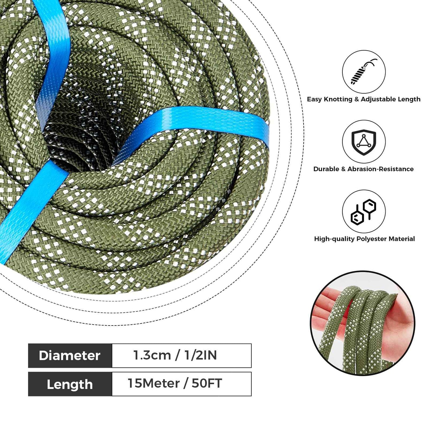 1/2 Inch 50ft Double Braided Polyester Arborist Rope, Heavy Duty Nylon Rope for Anchor, Tree Work, Cargo, Pulling, Sailing(ArmyGreen)