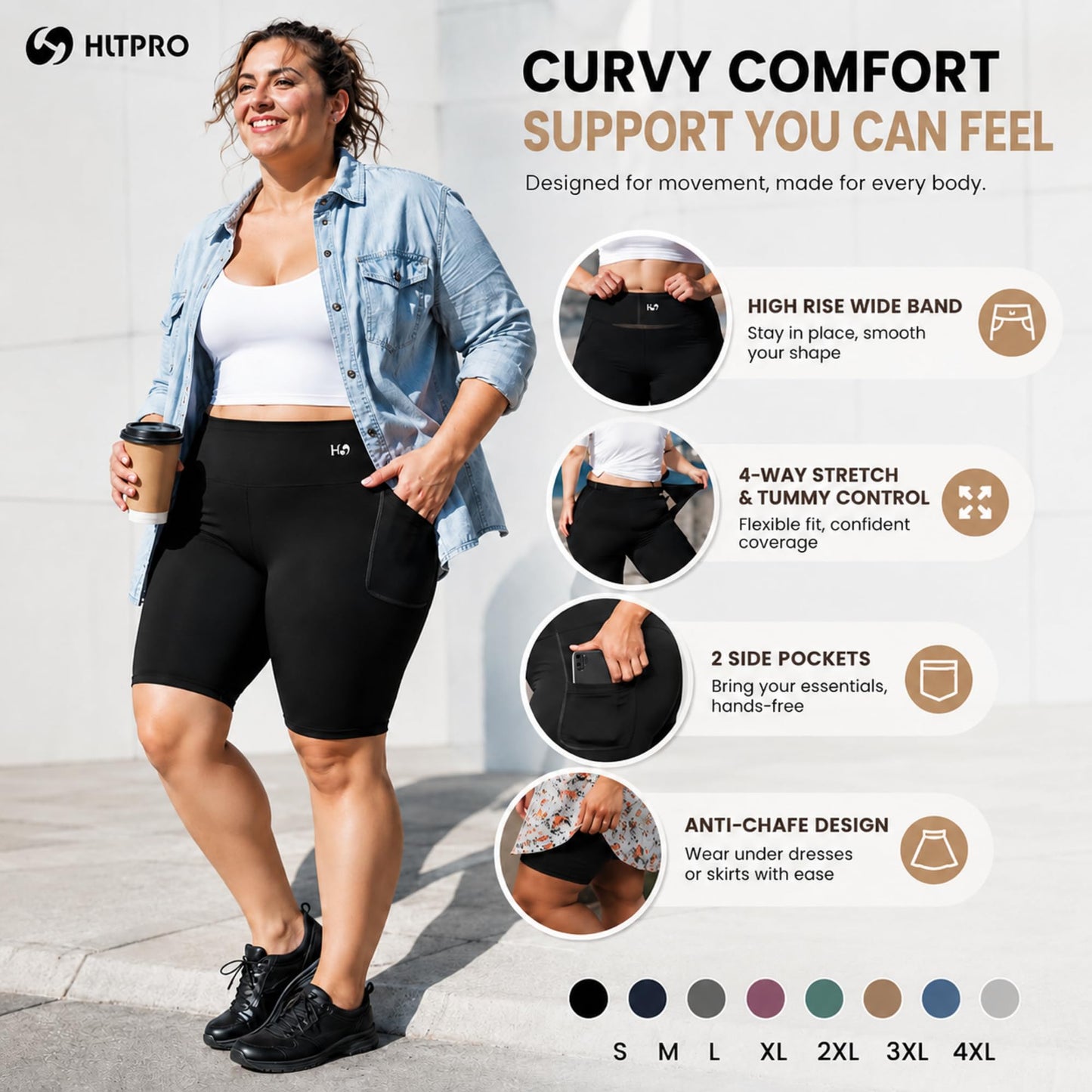 HLTPRO 3 Pack Plus Size Biker Shorts with Pockets for Women - 8" High Waisted Spandex Athletic Bike Shorts for Yoga Workout