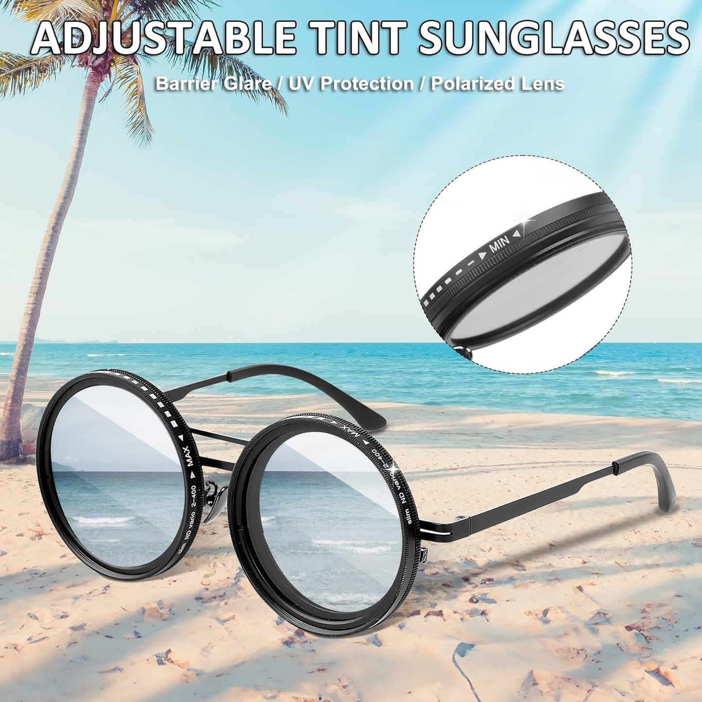 Skiennix Adjustable Tint Sunglasses - Round Polarized Glasses with Manual Tint Control & ND Filter