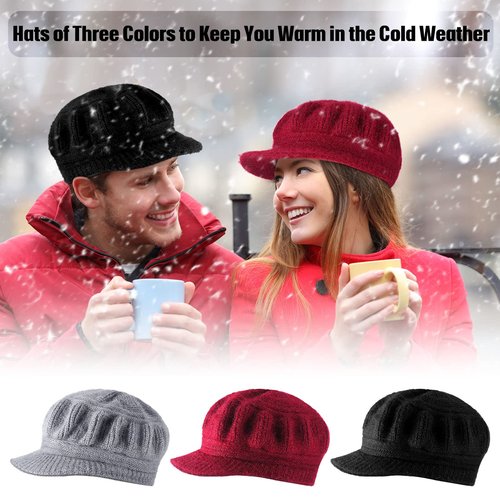 Mepase 3 Pieces Women Warm Hat for Winter Slouchy Beanie Cap with Visor Knitted Newsboy Hats for Women Ski Snow(Burgundy, Gray, Black)