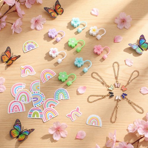 Reallnaive 124 Pcs Tumbler Cup Accessories Set Including: 100 Rainbow Stickers 12 Silicone Straw Caps 12 Butterfly Charms Suitable for Decorating Water Bottles with Handles