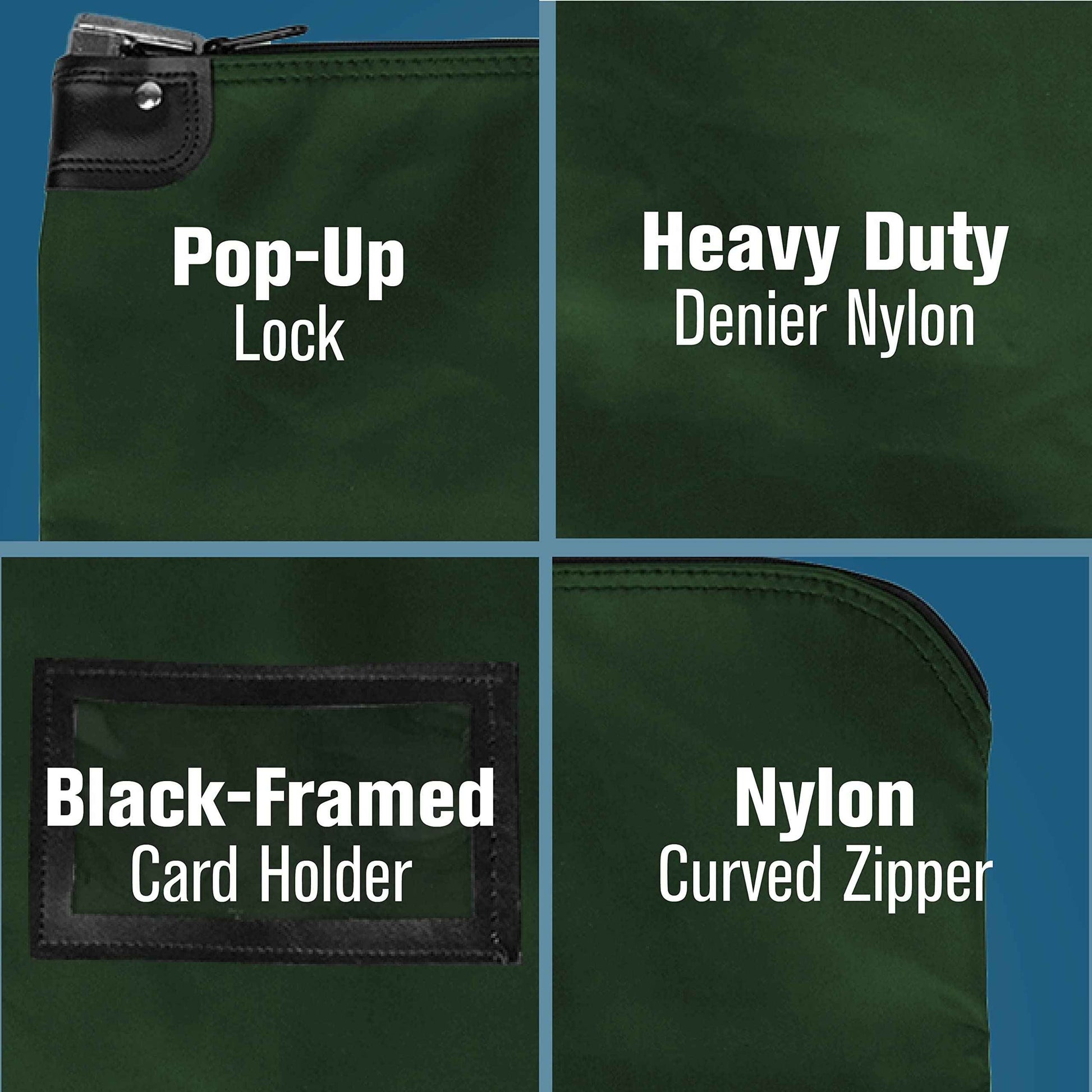 BankSupplies HIPAA Locking Courier Bags - Forest Green - 19W x 15H - Durable Laminated Nylon Fabric - Metal Pop Up Lock - For Money, Coins, Currency, Checks, & Documents