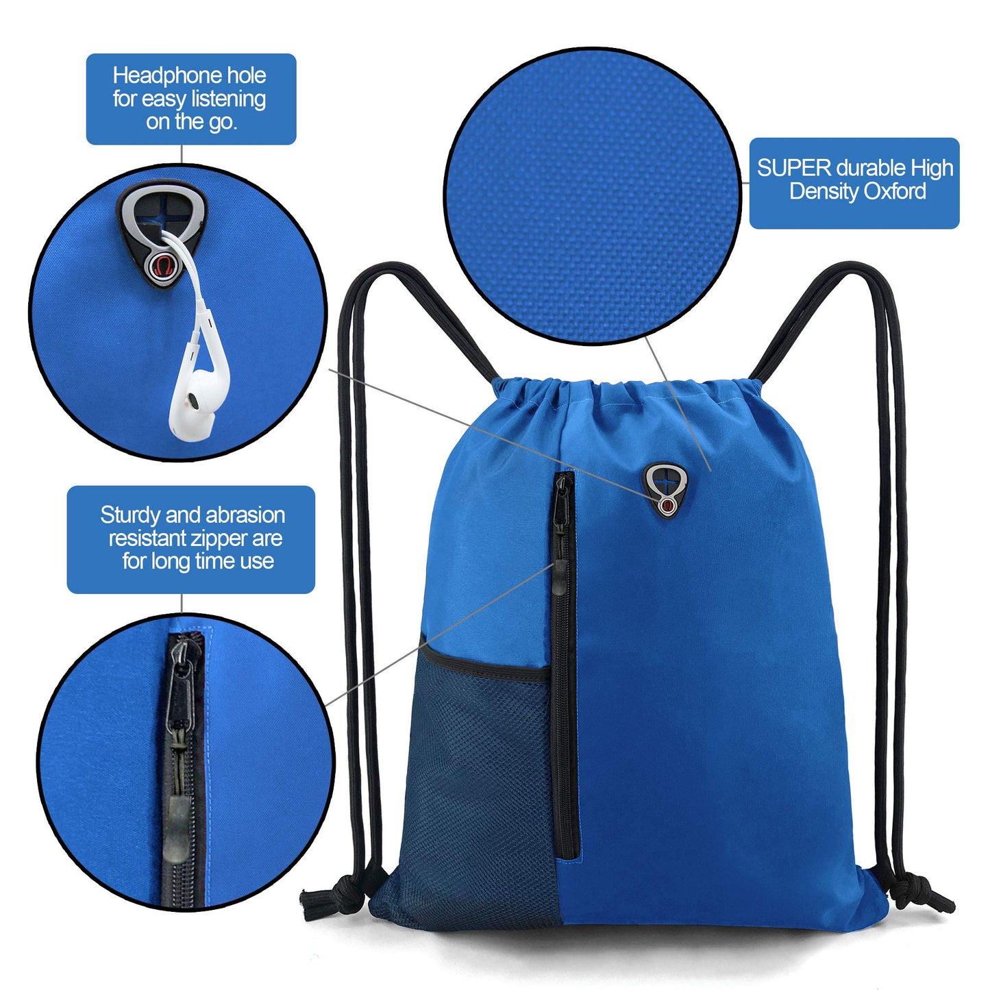 BeeGreen Royalblue Draw Strap Backpack For Men With Water Bottle Pocket &Front Zippered Pocket Large String Bags For Traveling Yoga Beach Outdoor Gym