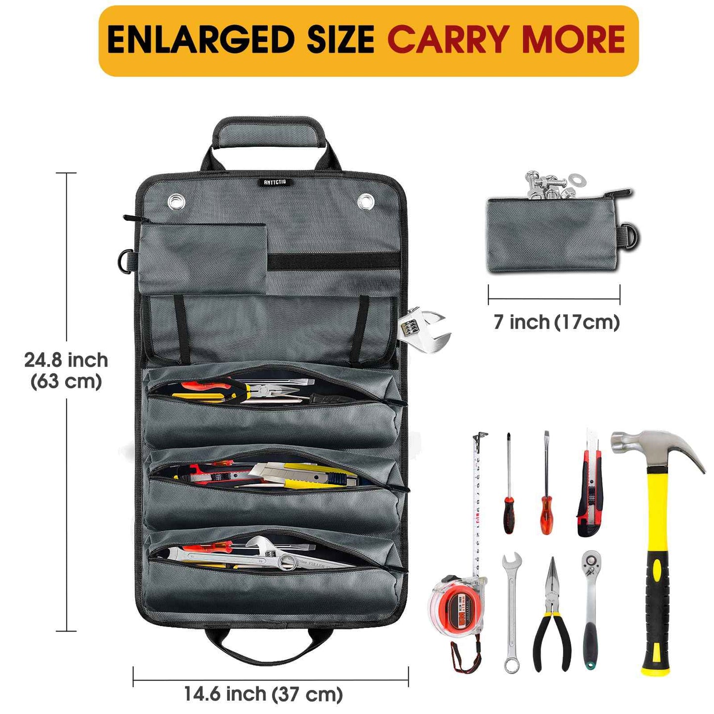 Tool Bags, Heavy Duty Tool Roll Up Bag for Men, Father’s Day Gift for Dad Husband Him, 6-in-1 Detachable Tool Roll Bag with 3 Tool Pouch+1 Wrench Roll+2 Pockets, Compact Tool Box Organizer(Grey)