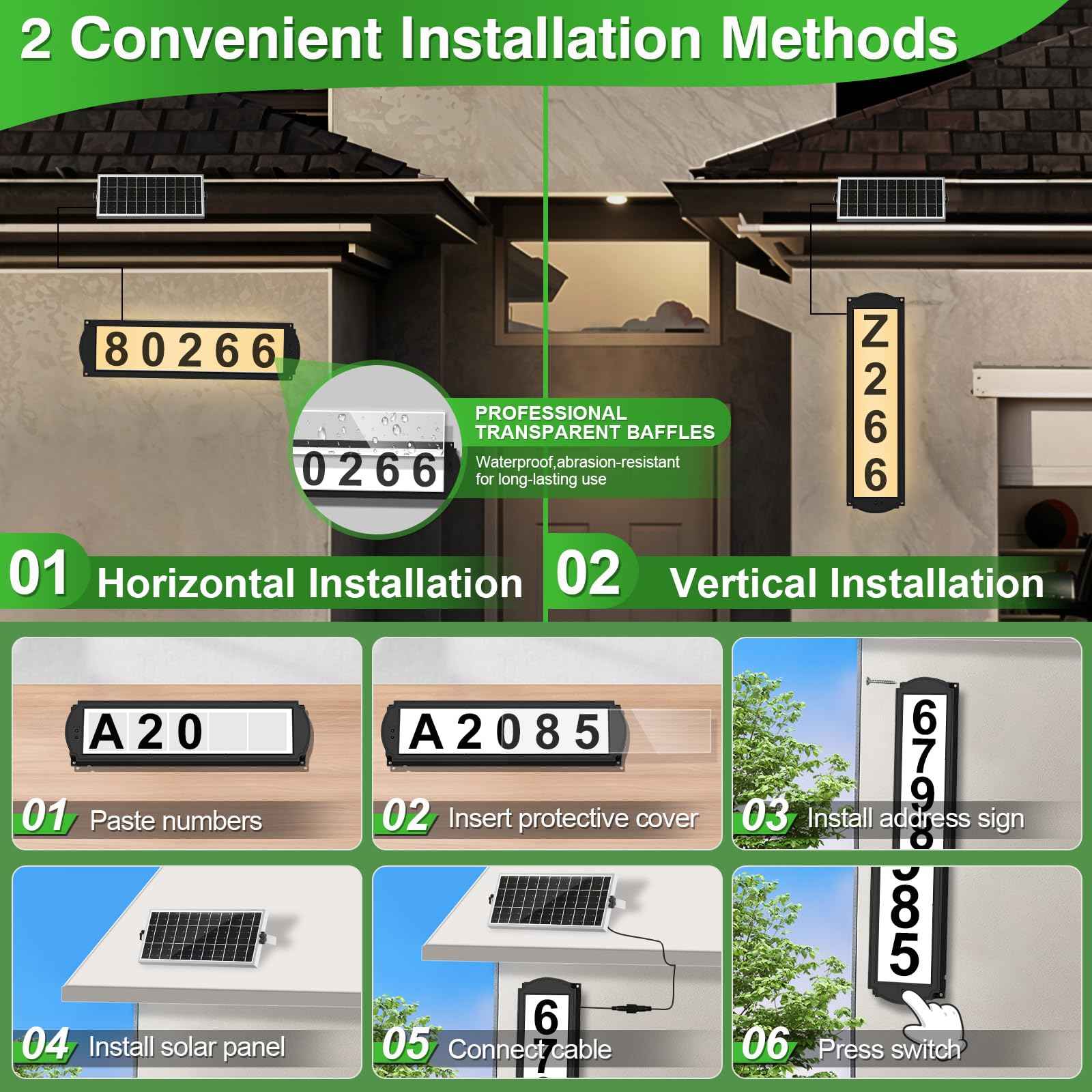 Solar House Numbers with Separate Panel, T-SUNUS Address Sign for Outside Horizontal & Vertical Mounted, Waterproof LED Number Plaque Street Yard Mailbox Visitor Mailman 911 Ubereats (RGB&White 6000K)