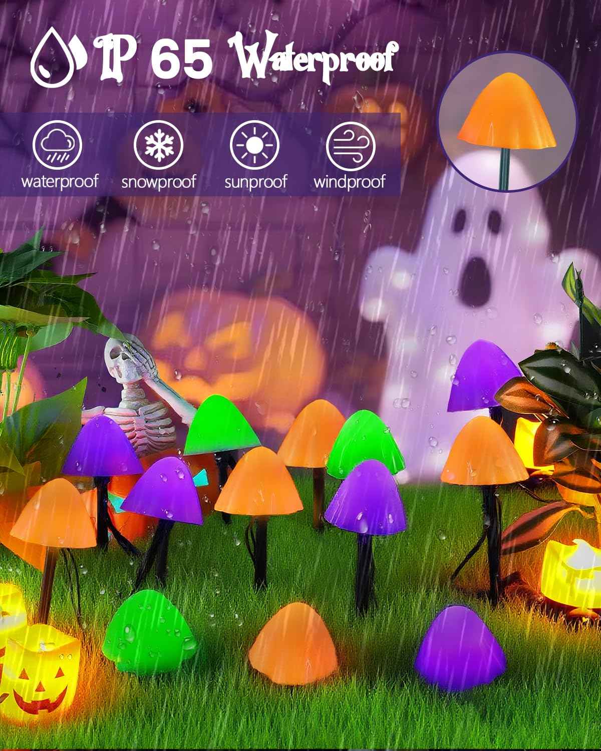 OZS 2PK 55FT 32LED Halloween Orange Purple and Green Solar Mushroom Lights Outdoor, Solar String Light with 8 Lighting Modes Auto On/Off, Halloween Garden Lights for Witch Decorations