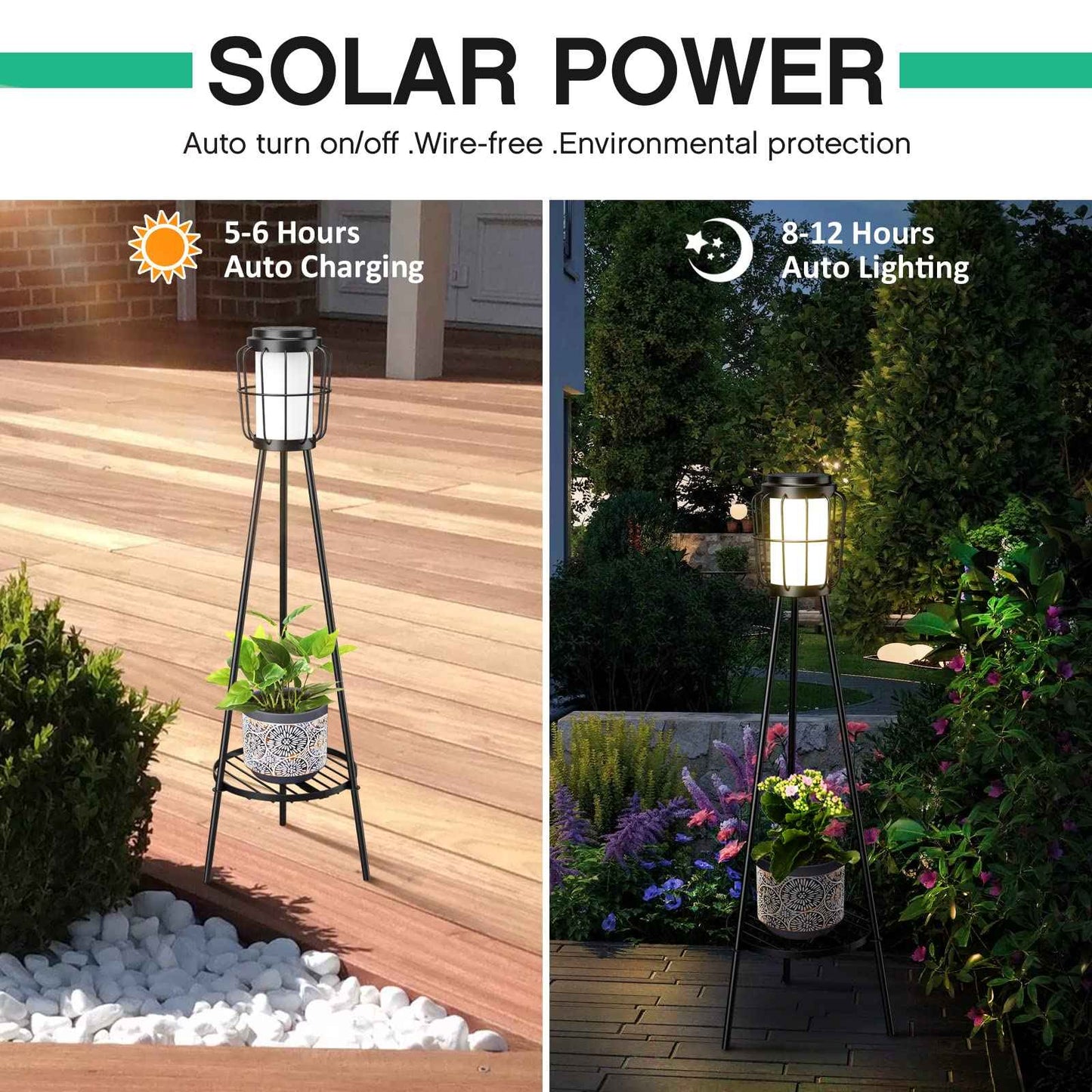 VISFLAIR 2 Pack Solar Lights with Plant Stand, Outdoor Floor Lamps, Waterproof Solar Powered Floor Lamps for Patio Deck Porch Yard Garden Decor