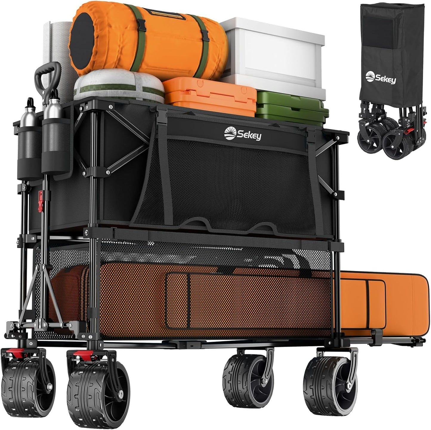 Sekey Heavy Duty Double Decker Wagon - 500Lbs Capacity, All-Terrain Big Wheels, Foldable Design for Camping & Sports