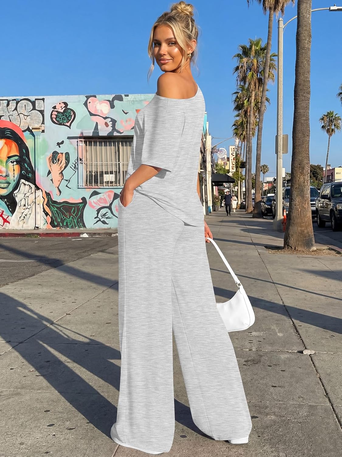 Trendy Queen Women's 2-Piece Lounge Set - Off Shoulder Oversized T-Shirt & Wide Leg Pants | Casual Travel Outfit