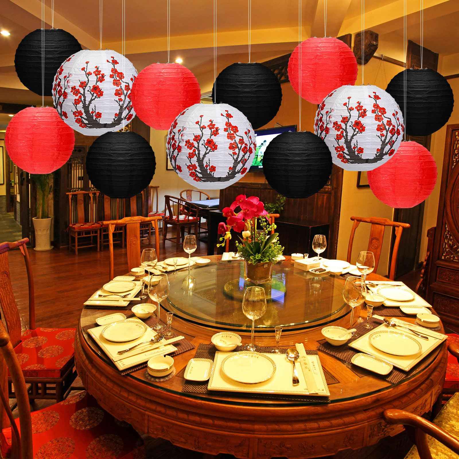 Mudder 20 Pieces Chinese Japanese Paper Lanterns Includes Cherry Flowers Paper Lanterns for Hibachi Birthday Party Asia Home Restaurant Wedding Decor(Red White and Black,Zen Style)