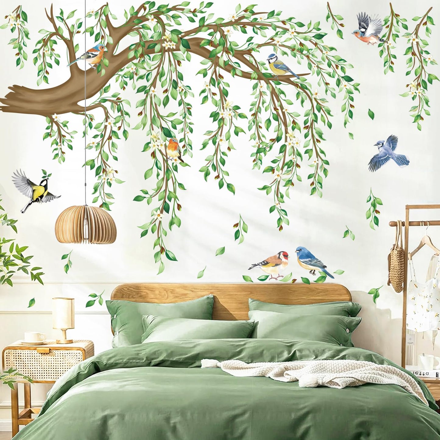 decalmile Large Hanging Vine Wall Decals Tree Branch Green Leaf Flower Birds Wall Stickers Living Room Tv Background Bedroom Wall Decor